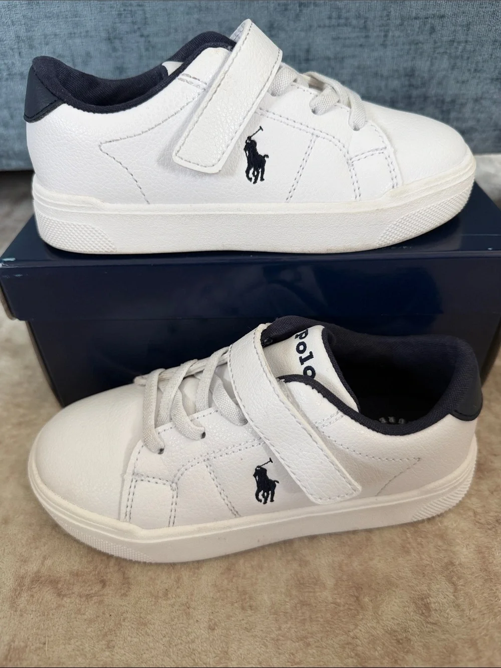 Polo by Ralph Lauren White Leather Kids Sneakers with Navy Trim Unisex